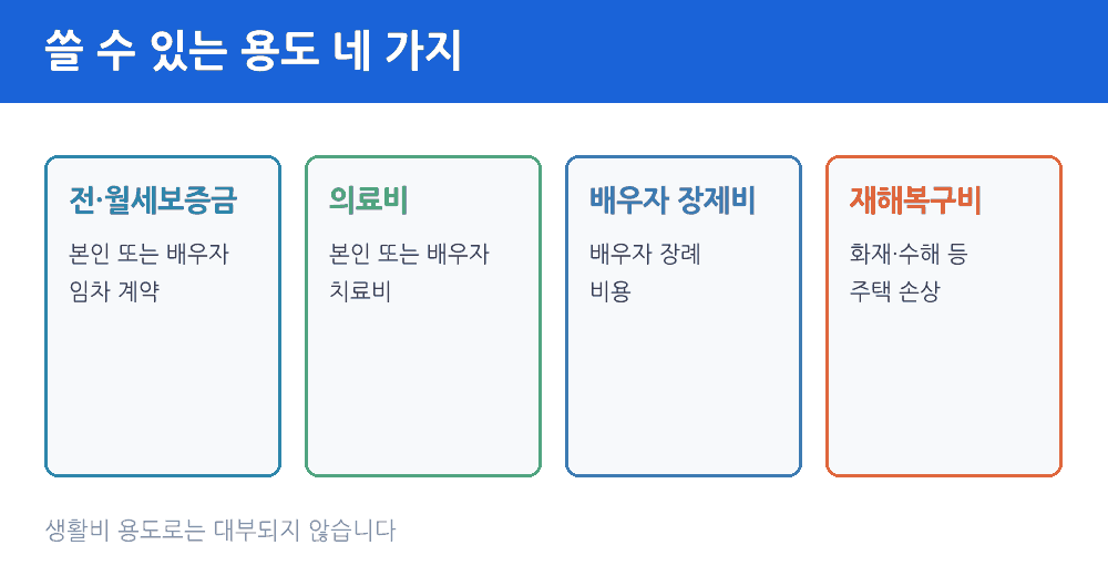 실버론 사용 가능 용도 전월세보증금 의료비 배우자 장제비 재해복구비 네 가지